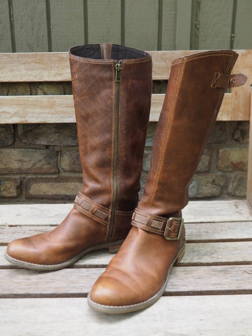Timberland Savin Hill tall zip buckle brown leather riding knee high boots 8.5
